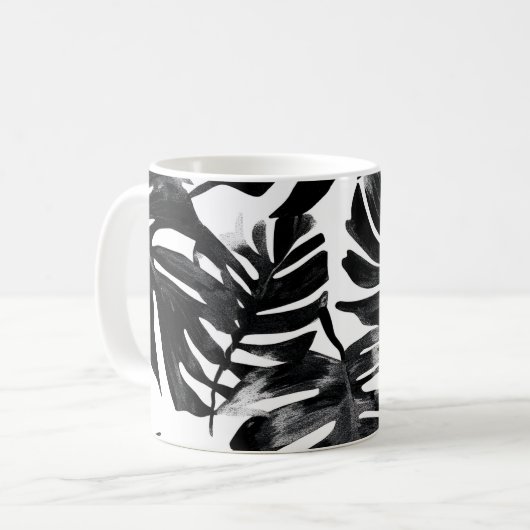 🖤 Feuillage Tropical Noir et Blanc 🌿 コーヒーマグカップ (正面左)