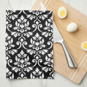 Feuille Damask (v)パターン白（黒） キッチンタオル (四つ折り)
