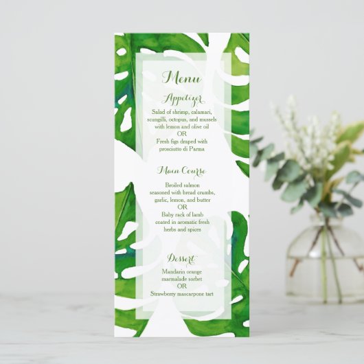 Feuille tropical d'aquarelle épousant le menu メニュー (スタンド正面)