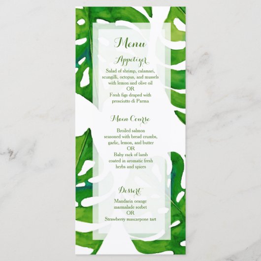 Feuille tropical d'aquarelle épousant le menu メニュー (正面)