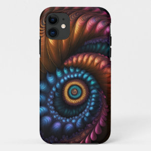 Fibronacci Fractal (金ゴールド、青、明るい赤紫色) iPhone 11 ケース