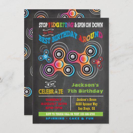 Fidget Spinner Birthday Party招待 招待状 (正面/裏面)