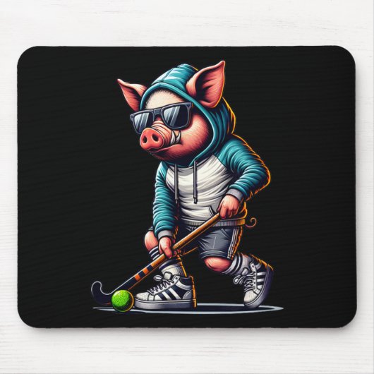 Field Hockey Pig In Hoodie With Sungles Stick  マウスパッド (正面)