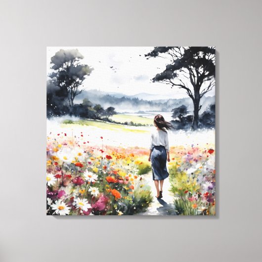 Field of Dreams – Watercolor Woman in Wildflower M キャンバスプリント (正面)