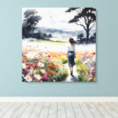 Field of Dreams – Watercolor Woman in Wildflower M キャンバスプリント (インサイチュ (ウッドフロア))