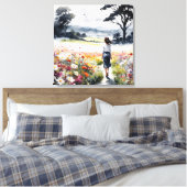 Field of Dreams – Watercolor Woman in Wildflower M キャンバスプリント (インサイチュ (寝室))