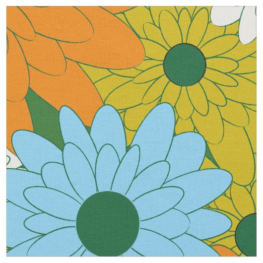 Field of Flowers Green Retro Print ファブリック (クローズアップ)