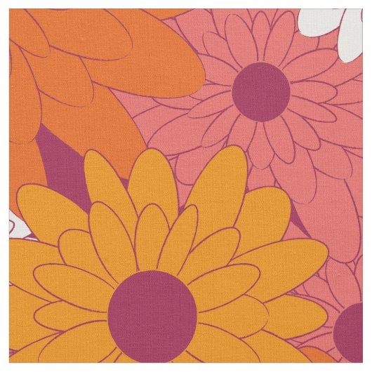 Field of Flowers Pink Retro Print ファブリック (クローズアップ)