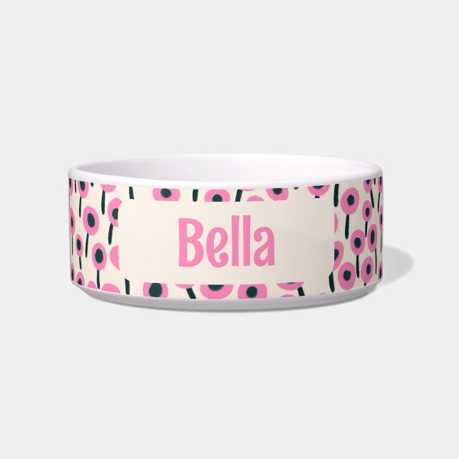 Field of Pink Flowers with Name - Ceramic Pet Bowl ボウル (正面)