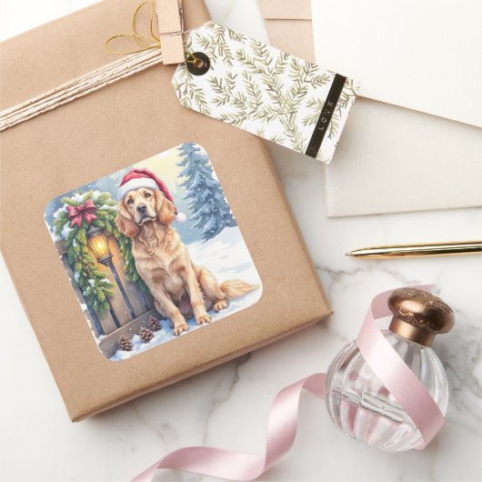 Field Spaniel Snowy Fence Santa Hat Christmas Art スクエアシール (ギフト)