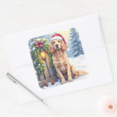 Field Spaniel Snowy Fence Santa Hat Christmas Art スクエアシール (封筒)