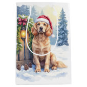 Field Spaniel Snowy Fence Santa Hat Christmas Art ミディアムペーパーバッグ (正面)