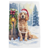 Field Spaniel Snowy Fence Santa Hat Christmas Art ミディアムペーパーバッグ (裏面)
