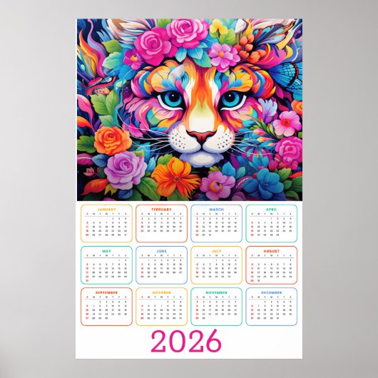 Fierce & Flourished: 2026年トラ壁掛けカレンダー ポスター (正面)