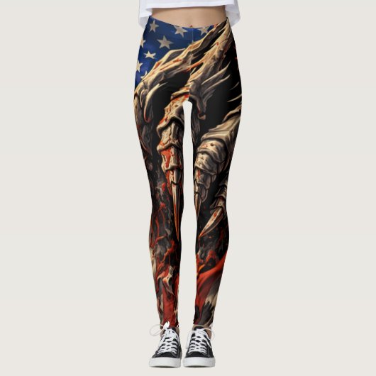 Fierce Monster Tearing American Flag Art レギンス (正面)
