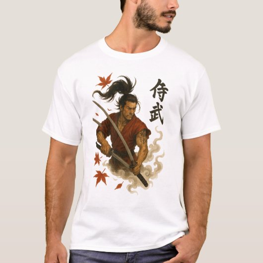 Fierce Samurai Warrior – Dual Katana Ink Art Desig Tシャツ (正面)