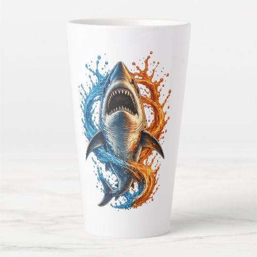 Fierce Shark Splash Design – Blue & Orange Ocean P カフェラテマグ (正面)