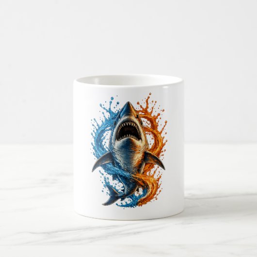 Fierce Shark Splash Design – Blue & Orange Ocean P コーヒーマグカップ (中央)