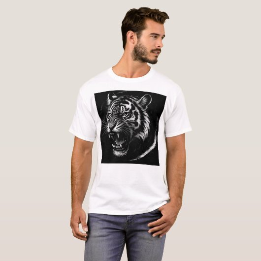 Fierce Tiger Roar – Monochrome Ink Style Tシャツ (正面フル)