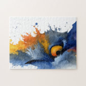Fierce watercolor owl in blue and orange ジグソーパズル (横)