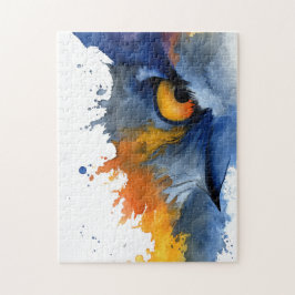 Fierce watercolor owl in blue and orange ジグソーパズル