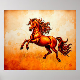 Fiery Horse Leaps, Orange Gold, Artistic Grunge  ポスター