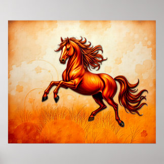 Fiery Horse Leaps, Orange Gold, Artistic Grunge  ポスター
