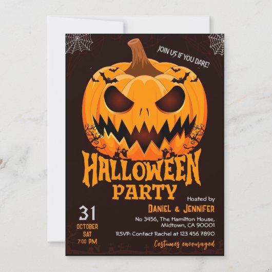 Fiery Pumpkin Jack o lantern bats Spooky Halloween 招待状 (正面)