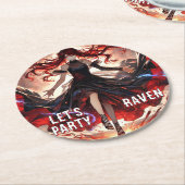 Fiery Raven Gothic Anime Girl Party Design ラウンドペーパーコースター (アングル)