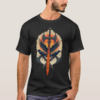 Fiery Raven Guardian: Viking Sword & Axe Emblem Tシャツ
