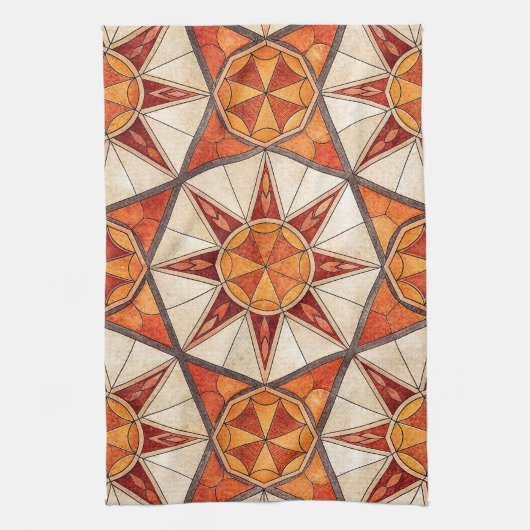 Fiery Red and Orange Starburst - Geometric Mosaic キッチンタオル (縦)