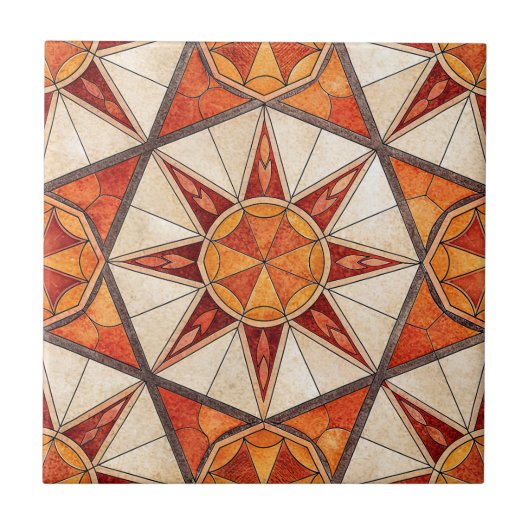 Fiery Red and Orange Starburst - Geometric Mosaic タイル (正面)
