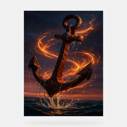 Fiery Rustic Anchor – Nautical Fantasy Wall Art アクリルサイン (正面)