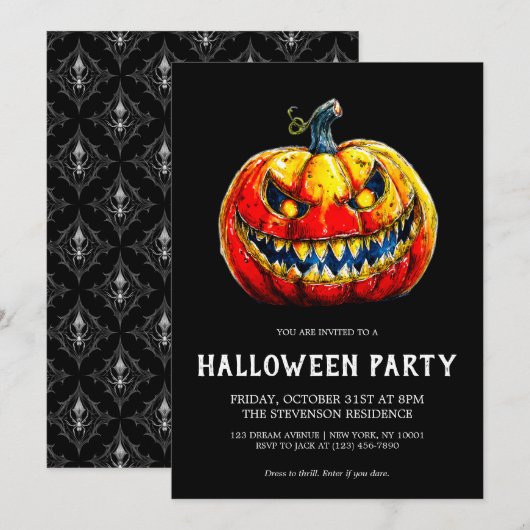 Fiery Smiling Pumpkin Gothic Halloween Party 招待状 (正面/裏面)