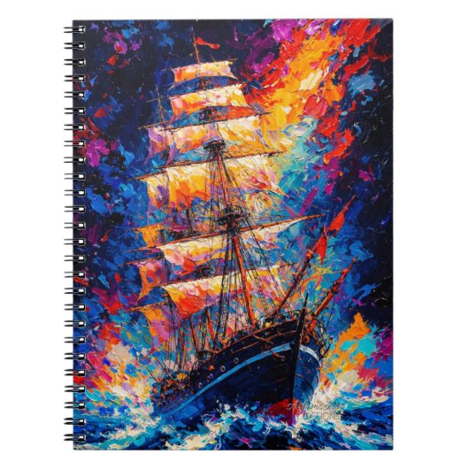 Fiery Sunset Tall Ship Abstract Painting Nautical  ノートブック (正面)