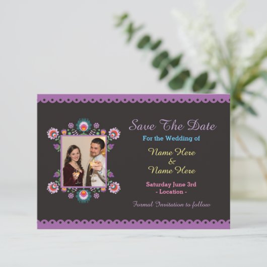 Fiestaメキシコのフローラ結婚式の招待の日付を保存 セーブザデート (スタンド正面)