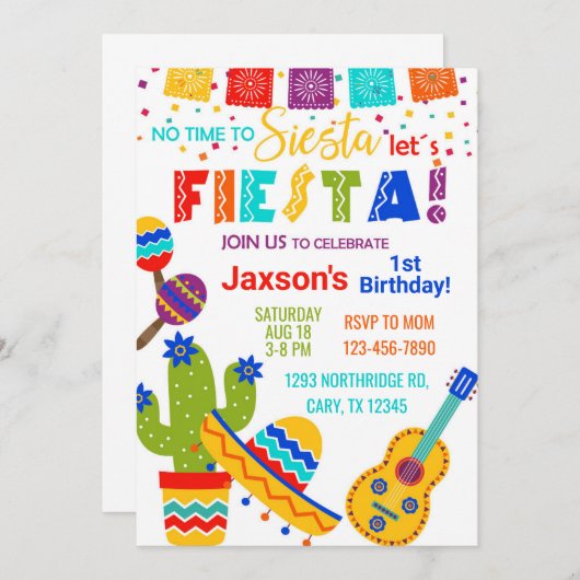 Fiesta boy birthday invitation, 1st birthday. 招待状 (正面/裏面)