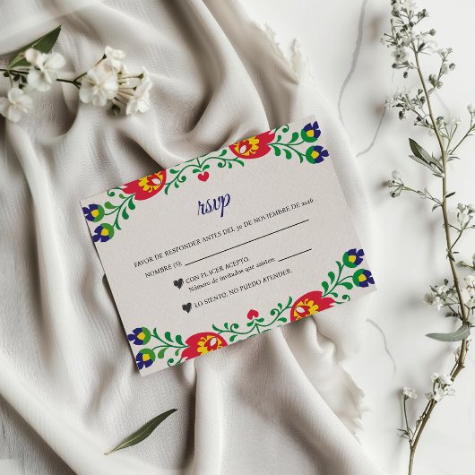 Fiesta Colorful Floral Botanical Spanish Wedding 出欠カード
