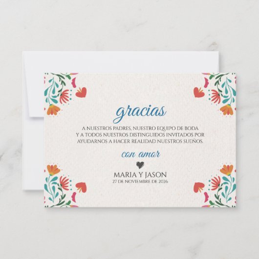 Fiesta Colorful Floral Modern Boda Spanish Wedding サンキューカード (正面)