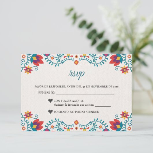 Fiesta Colorful Floral Spanish Wedding 出欠カード (スタンド正面)