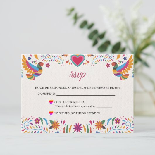 Fiesta Colorful Flowers Botanical Spanish Wedding 出欠カード (スタンド正面)