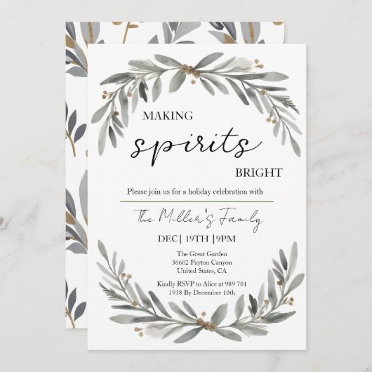 Fiesta Navidad Soft Pastel Wreath and Leaves 招待状 (正面/裏面)