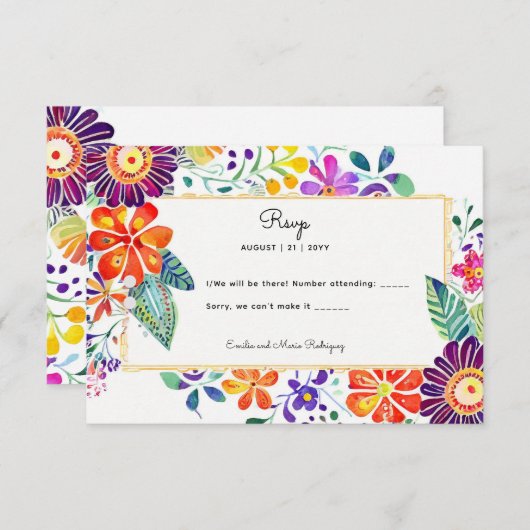 FIESTA RSVPとQRコード民俗芸術花 出欠カード (正面/裏面)