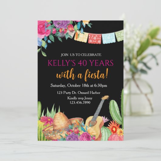 Fiesta, Surprise Birthday, Mexican Fiesta, Any Age 招待状 (スタンド正面)