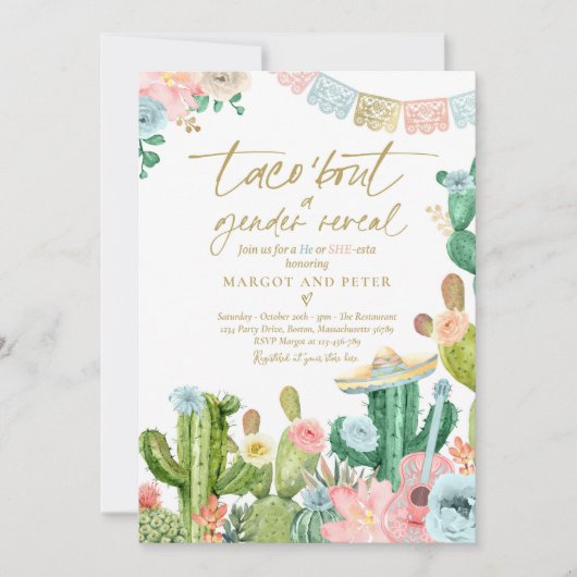 Fiesta Taco '性別を明らかにするサボテンのパーティー 招待状 (正面)