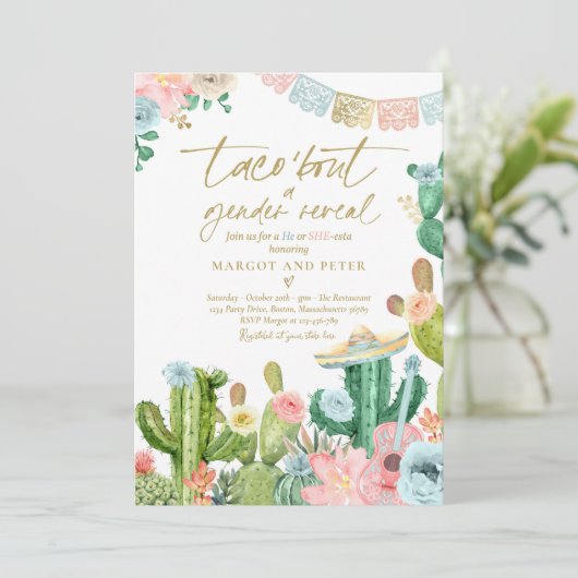 Fiesta Taco '性別を明らかにするサボテンのパーティー 招待状 (スタンド正面)