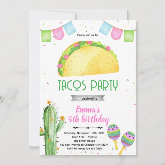 Fiesta tacos girl theme invitation  招待状 (正面)
