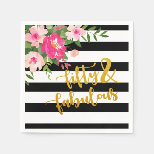 Fifitty & Fabuous Napkin – ブラック/ホワイトストライプ スタンダードカクテルナプキン (正面)