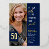 Fifiture Photo Blue & 金ゴールド50th Birthday Party 実在  箔招待状 (正面)