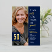 Fifiture Photo Blue & 金ゴールド50th Birthday Party 実在  箔招待状 (立ち正面)